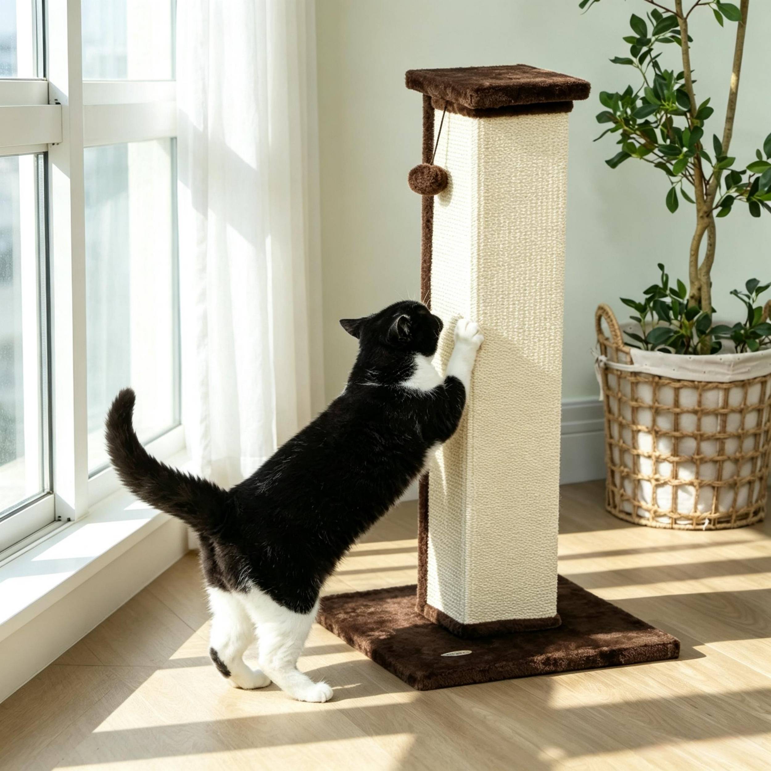 Arbre à chat, poteau à griffer sisal et peluche avec balle de jeu suspendue, base stable, dimensions 41x41x81cm, couleur marron et crème - Image 1