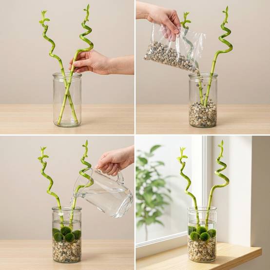 Lucky Bamboo Lot de 2 - Verre, Galets & 5 Boules de Mousse Marimo - 40cm - Image 3