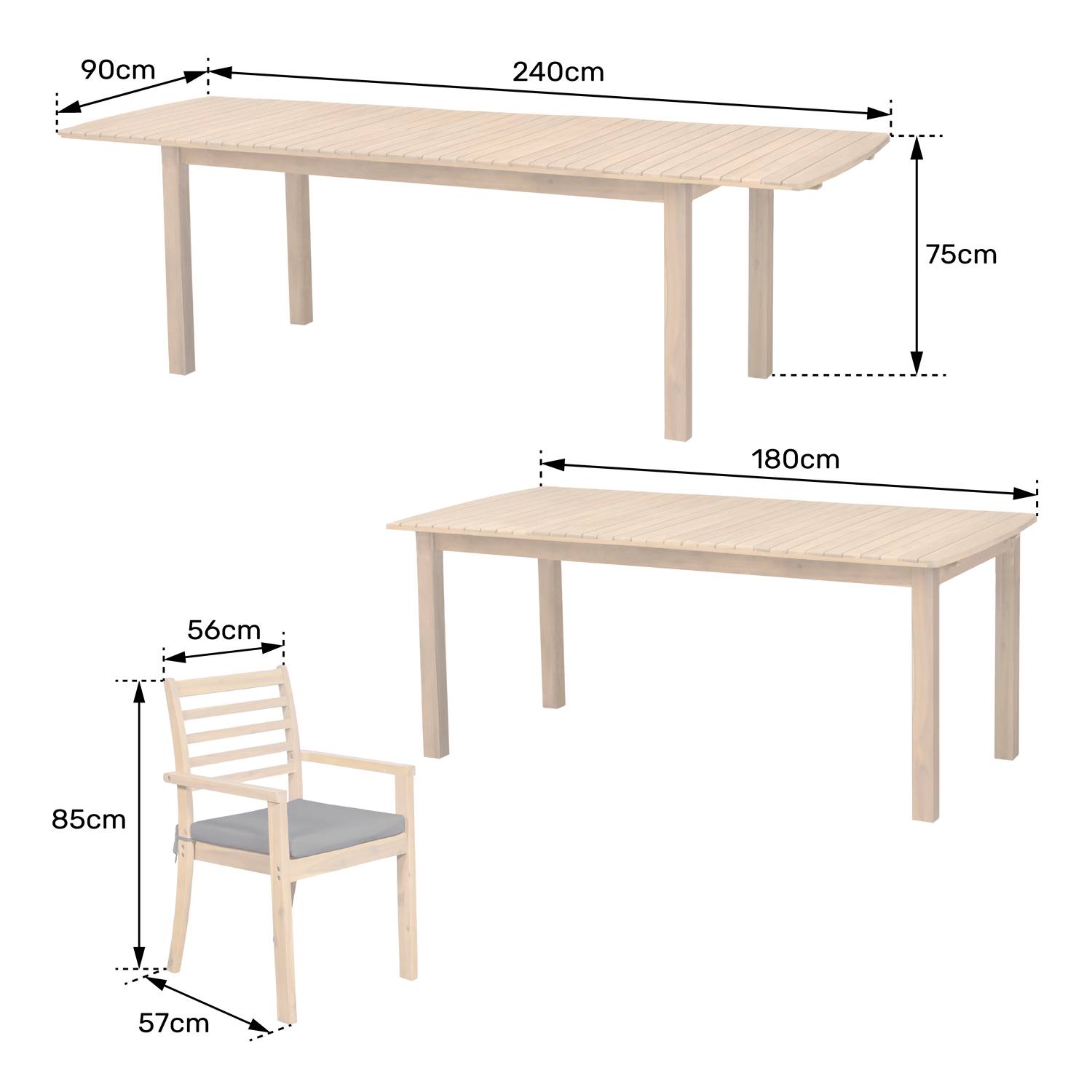 Salon de jardin extensible 180/240cm PADAR en acacia 8 places - coussins sable - HAPPY GARDEN - Image 8
