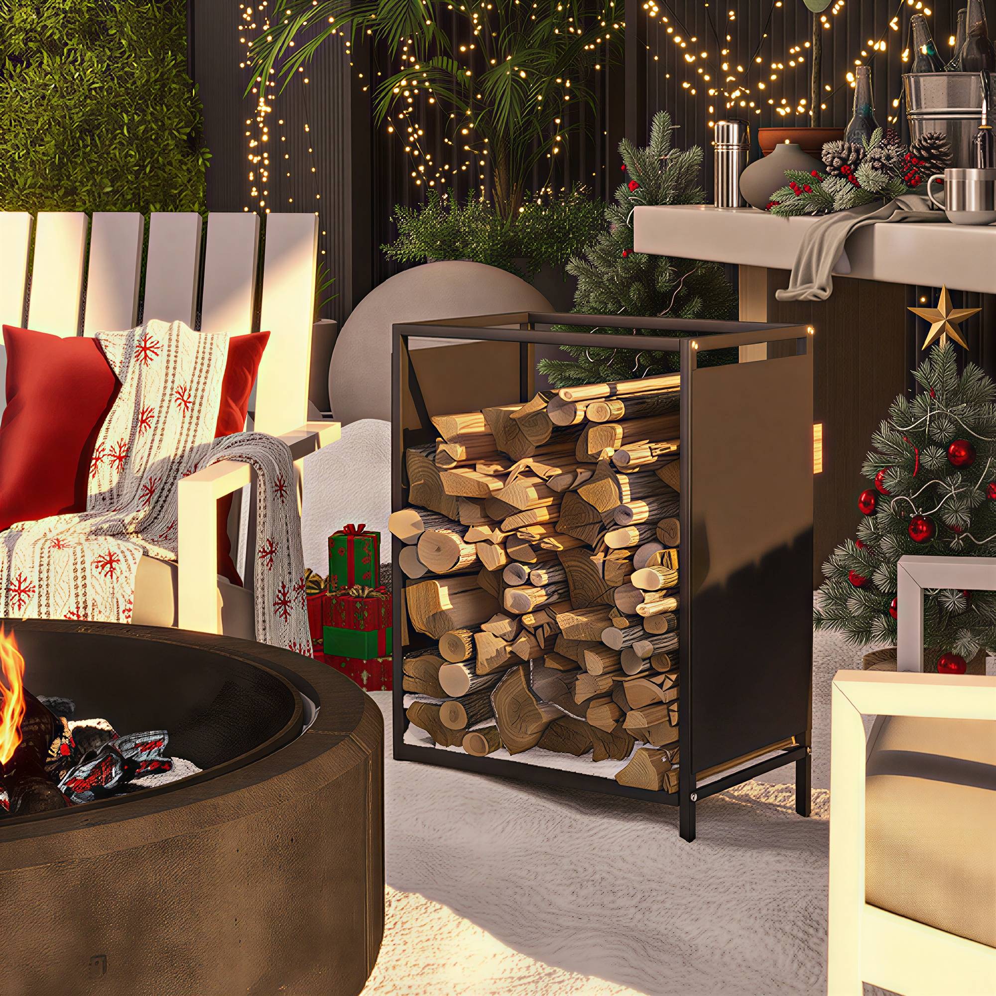 Range-bûches acier intérieur extérieur support bois chauffage aéré 44x28x65cm noir - ComfortXL Outdoor Living - Image 3
