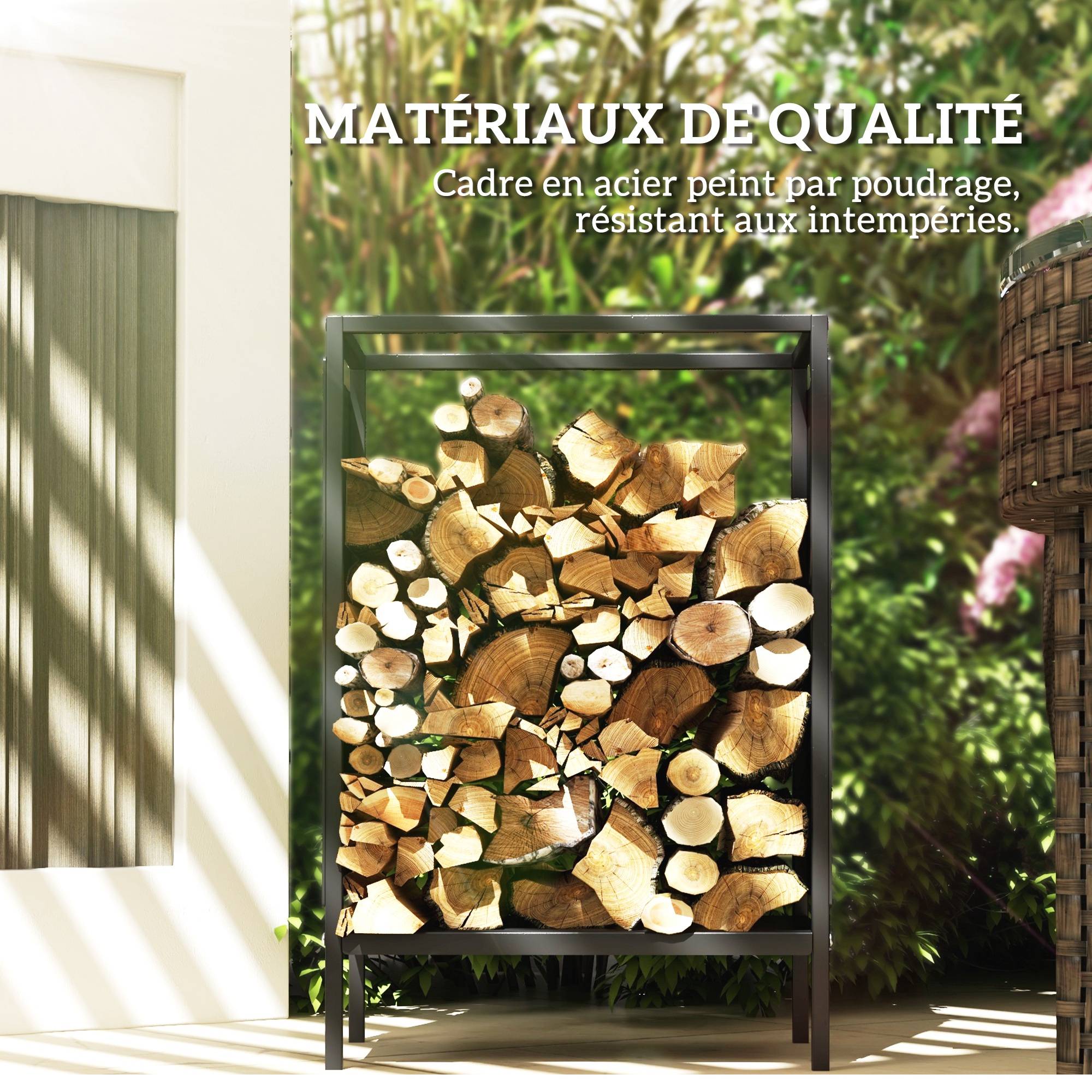 Range-bûches acier intérieur extérieur support bois chauffage aéré 44x28x65cm noir - ComfortXL Outdoor Living - Image 7
