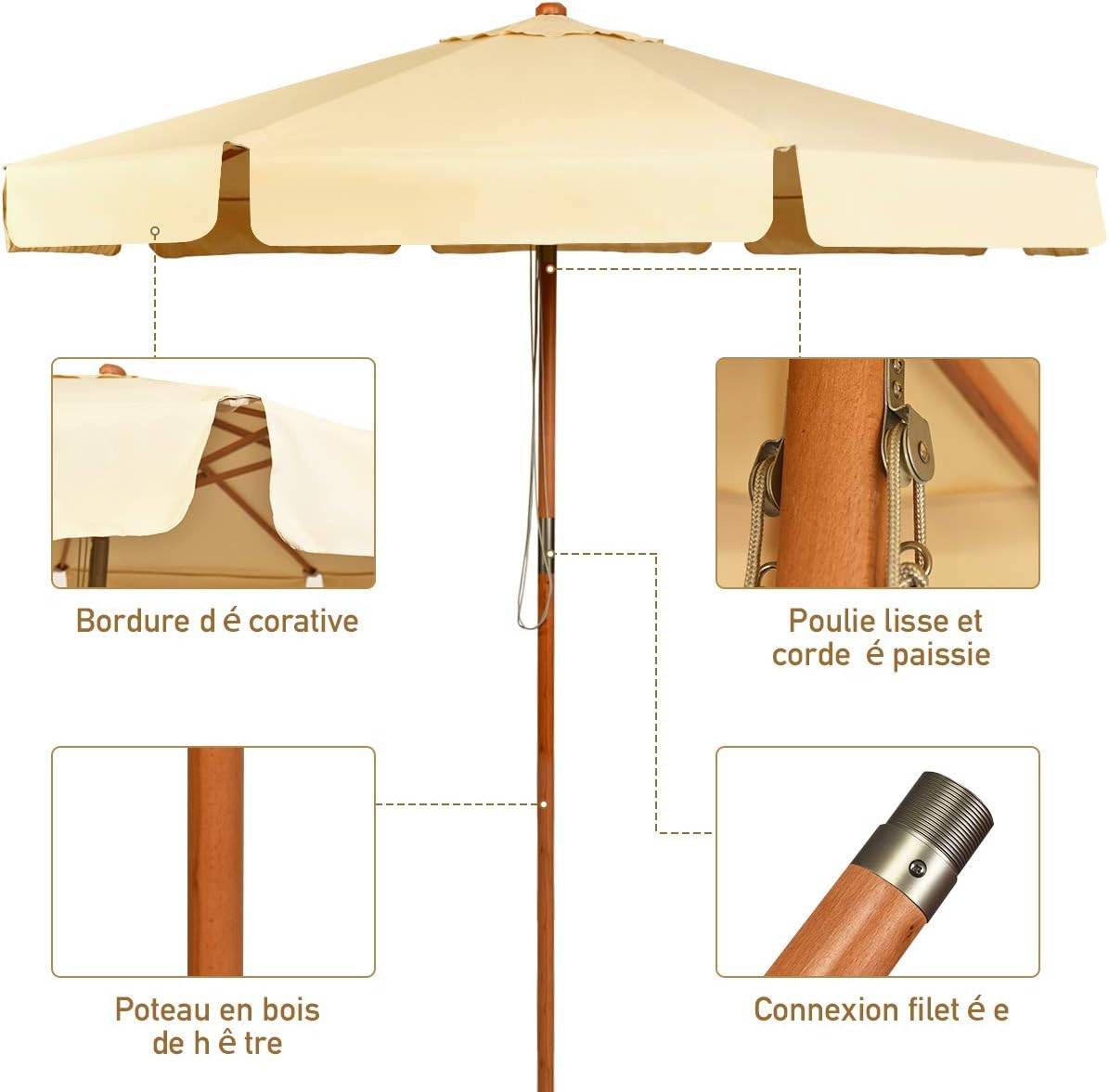 Costway - parasol inclinable ø300cm avec manivelle anti-uv,protection solaire toile polyester imperméable pour jardin,terrasse, balcon - Image 4