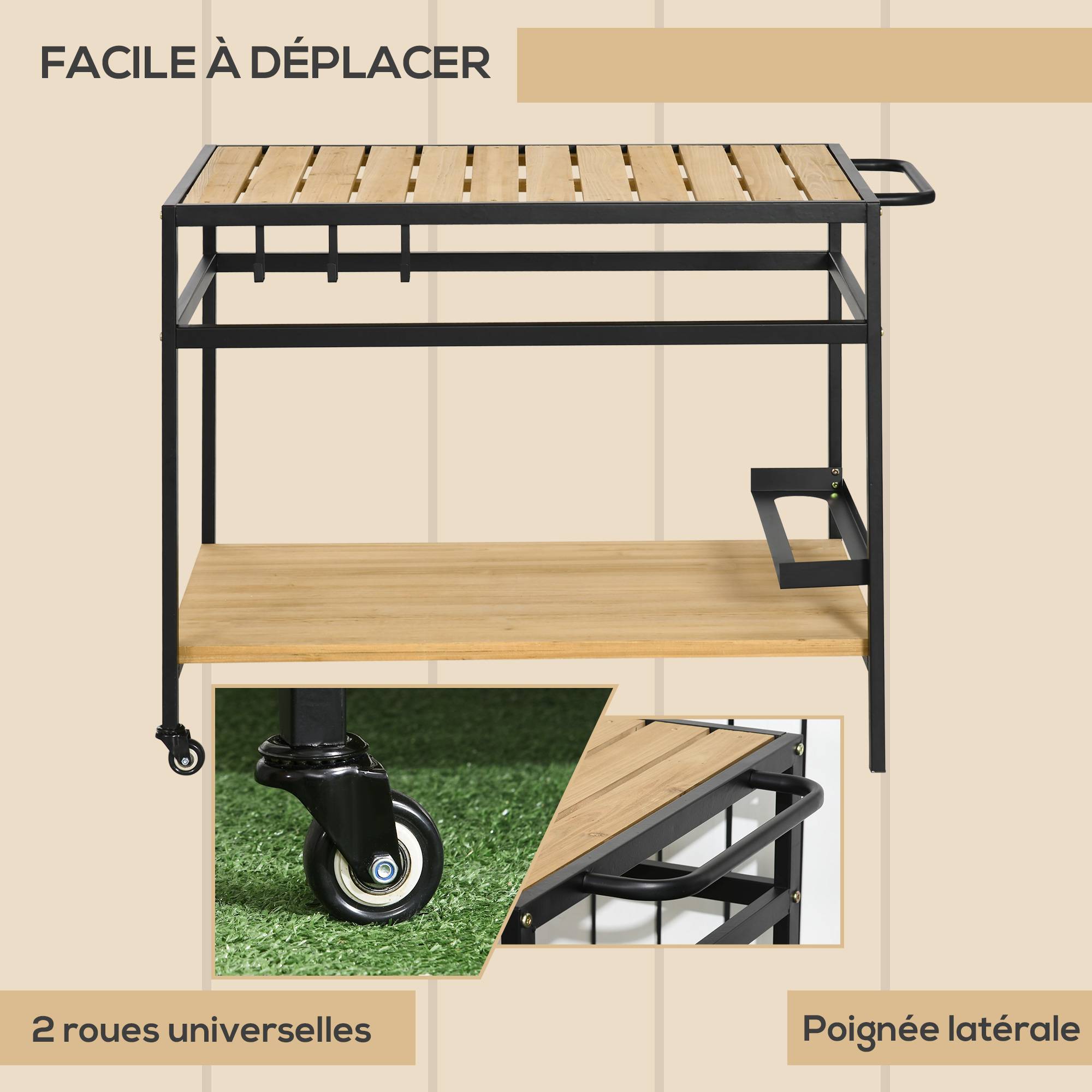 Desserte de jardin bois et métal noir naturel 107 x 65 x 80 cm - PANGIVO - Image 7