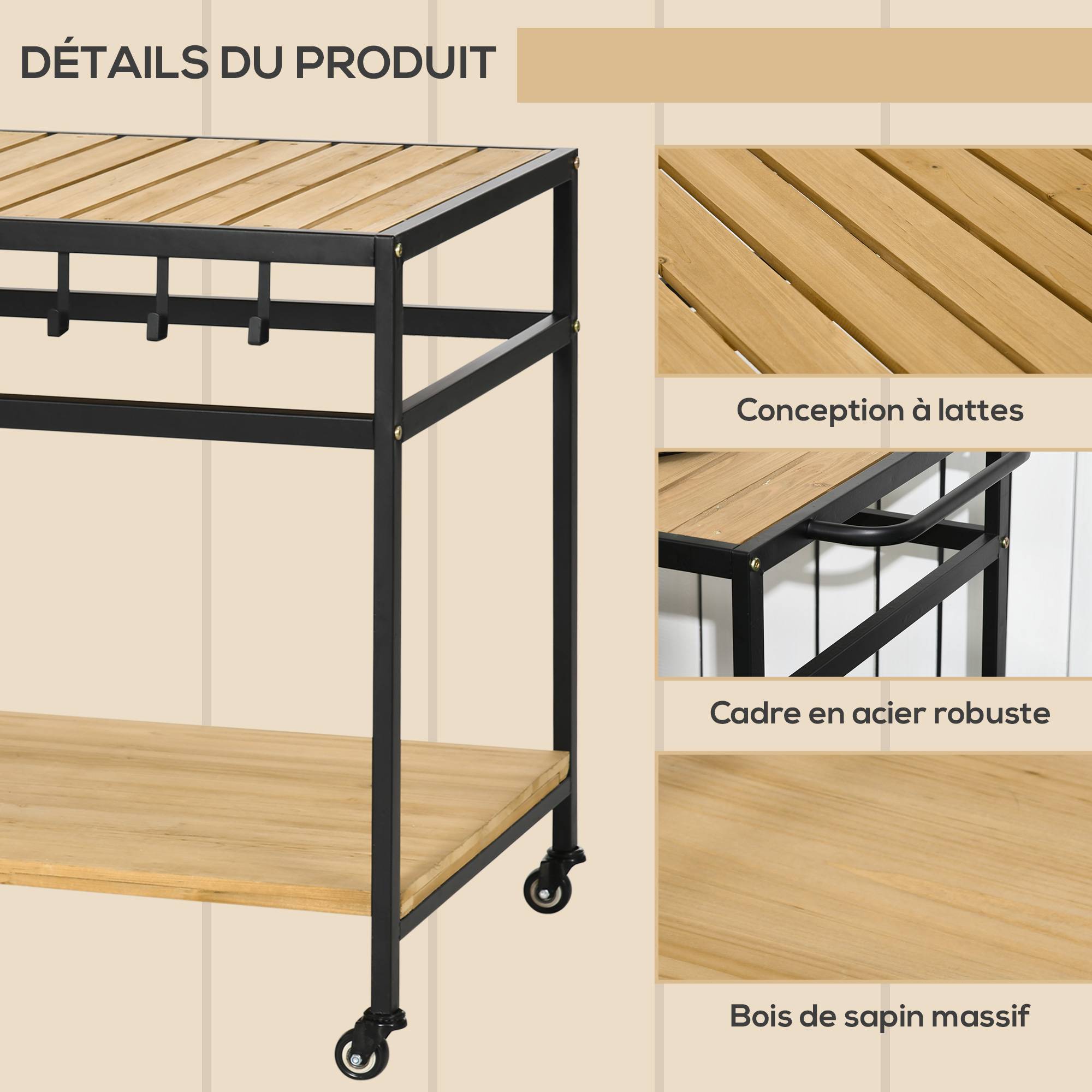 Desserte de jardin bois et métal noir naturel 107 x 65 x 80 cm - PANGIVO - Image 8