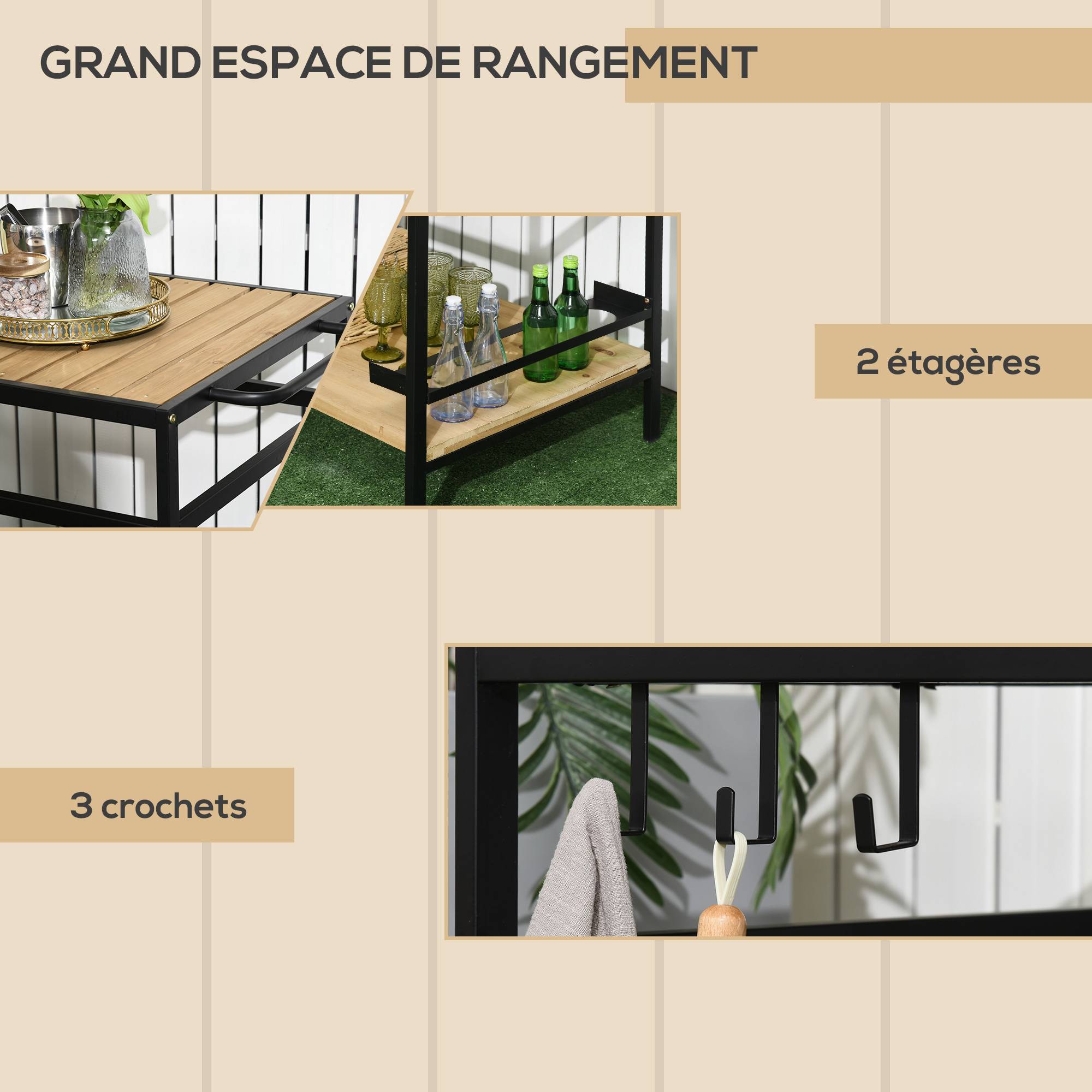 Desserte de jardin bois et métal noir naturel 107 x 65 x 80 cm - PANGIVO - Image 6