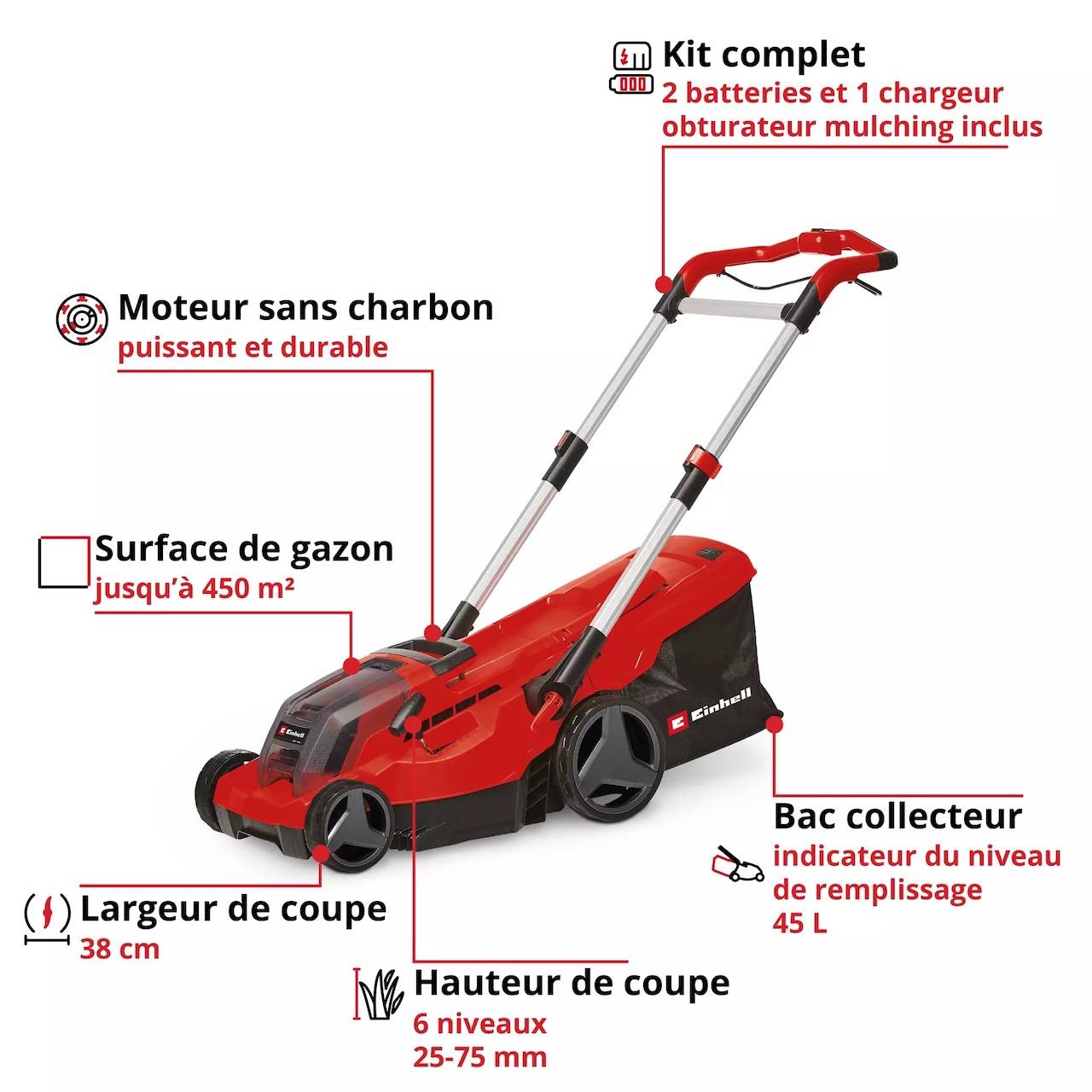 Einhell - Tondeuse à gazon sans fil - GP-CM 36/450 - 36 V Twin-Pack - Largeur de coupe 38 cm - 2 batteries 4,0 Ah - Image 4