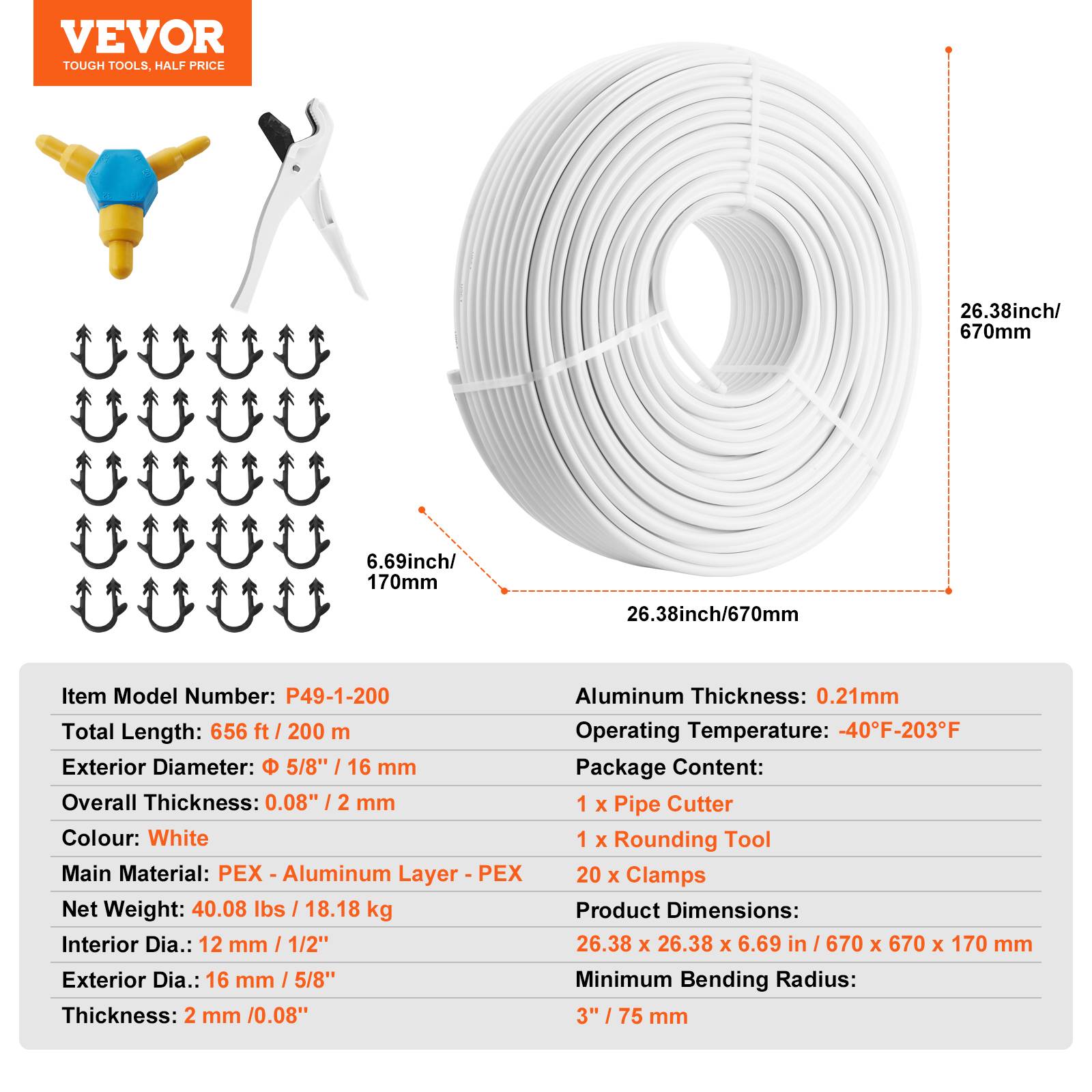 VEVOR Tuyau PEX-AL-PEX Chauffage Sol 200m, Φ16mm, ép.2mm, barrière oxygène, pour liquide, gaz, eau chaude/froide maison. - Image 7