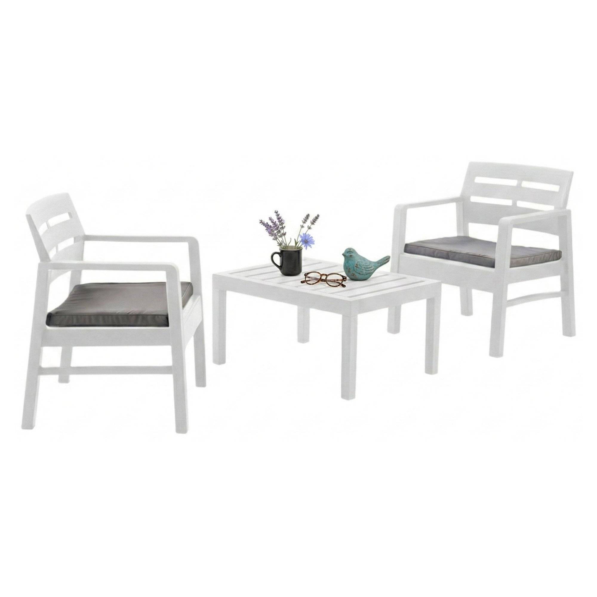 Dmora - Salon d'extérieur Benevento, Composition de jardin avec 2 fauteuils et 1 table basse, Salon intérieur et extérieur avec coussins, Blanc - Dmora - Imagen 1