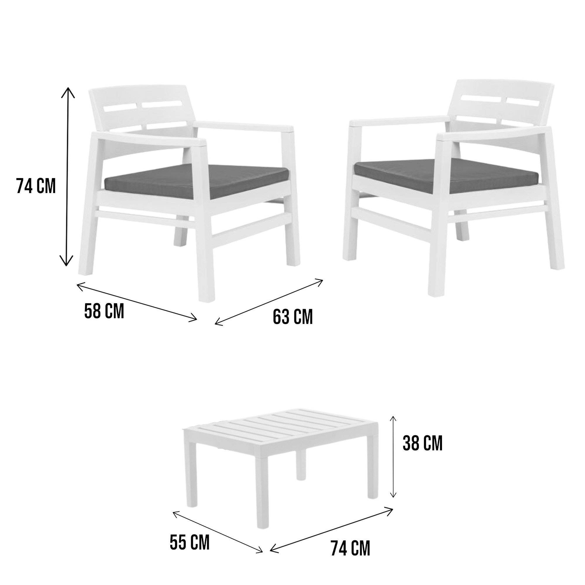 Dmora - Salon d'extérieur Benevento, Composition de jardin avec 2 fauteuils et 1 table basse, Salon intérieur et extérieur avec coussins, Blanc - Dmora - Imagen 3