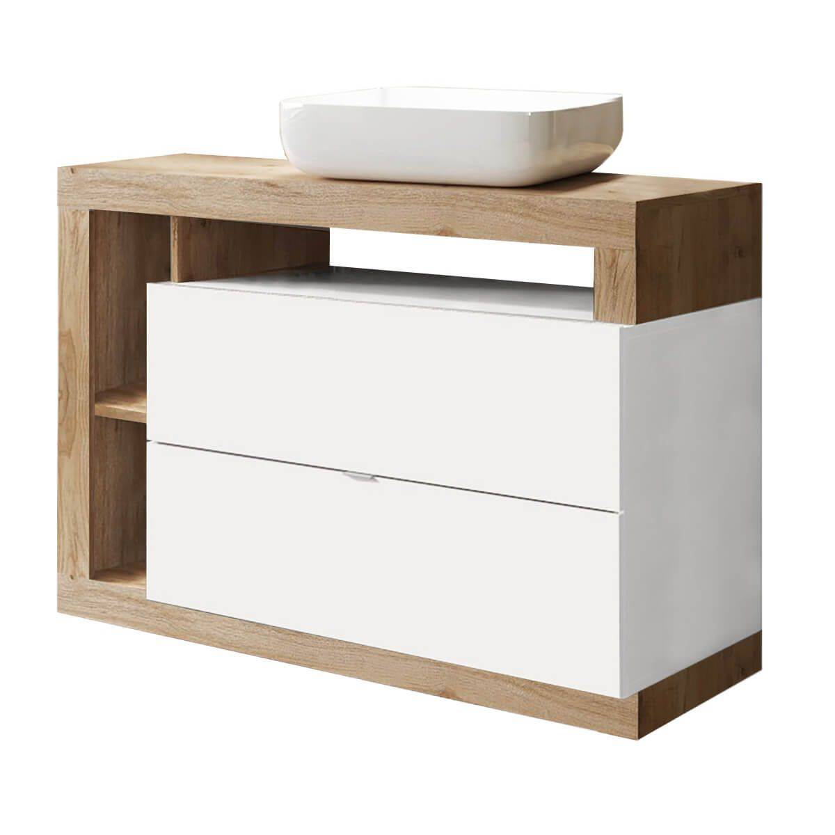 Ensemble meuble vasque 110cm + rangement + armoire 1P blanc et aspect bois Cadiz - ARTURO - Image 2