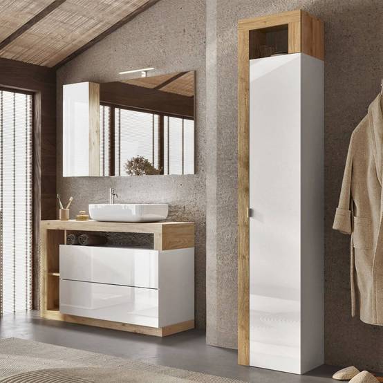 Ensemble meuble vasque 110cm + rangement + armoire 1P blanc et aspect bois Cadiz - ARTURO - Image 7