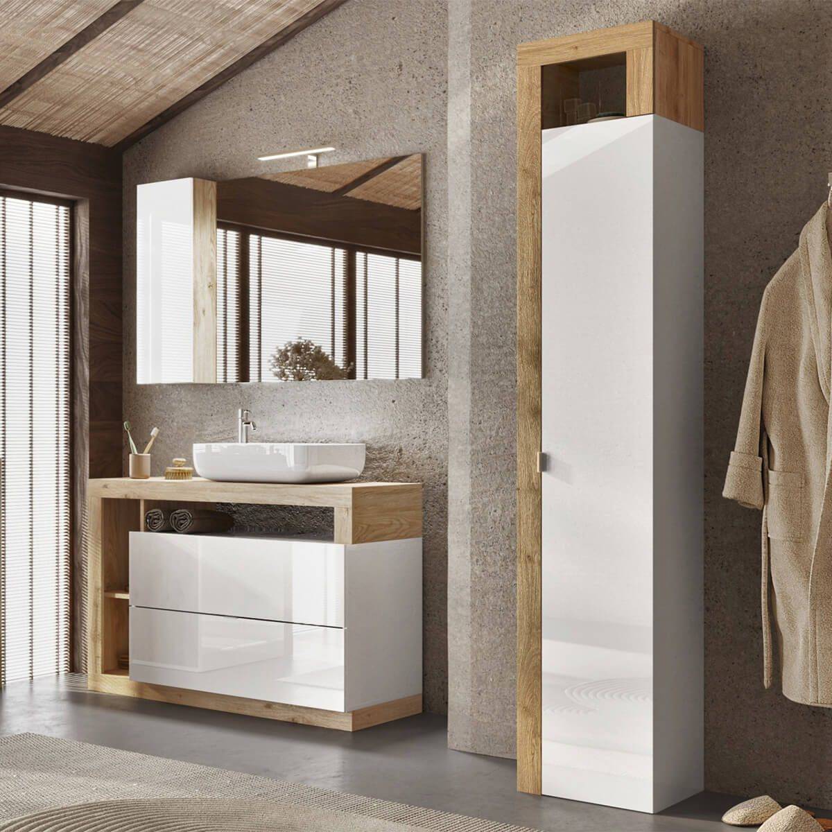 Ensemble meuble vasque 110cm + rangement + armoire 1P blanc et aspect bois Cadiz - ARTURO - Image 7