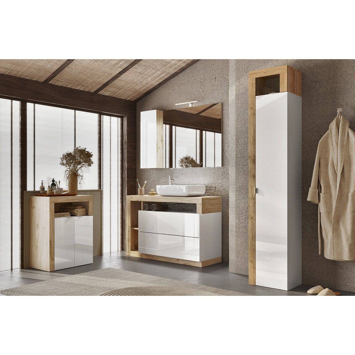 Ensemble meuble vasque 110cm + rangement + armoire 1P blanc et aspect bois Cadiz - ARTURO - Image 10