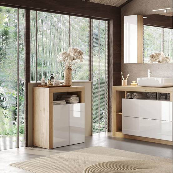 Ensemble meuble vasque 110cm + rangement + armoire 1P blanc et aspect bois Cadiz - ARTURO - Image 6