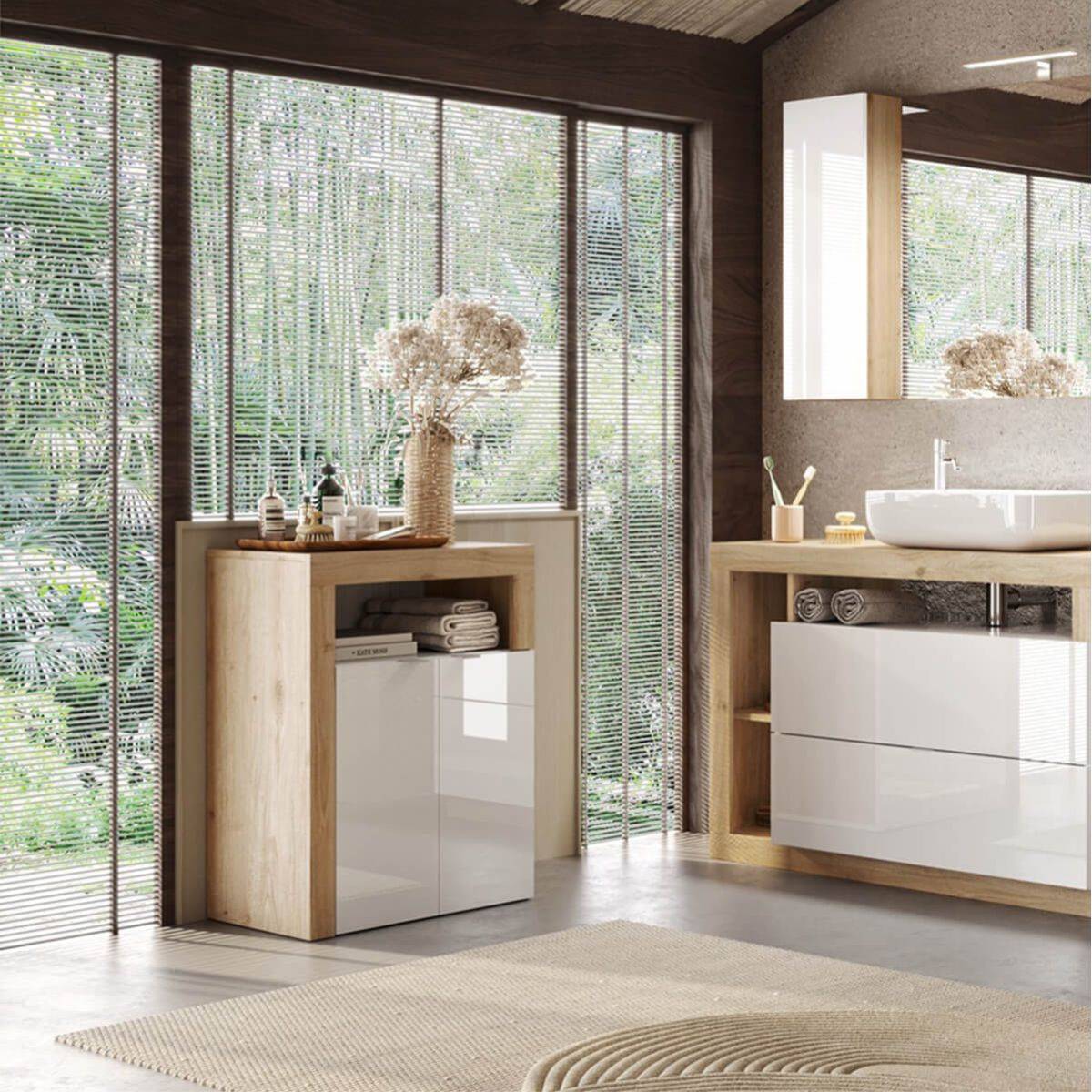 Ensemble meuble vasque 110cm + rangement + armoire 1P blanc et aspect bois Cadiz - ARTURO - Image 6