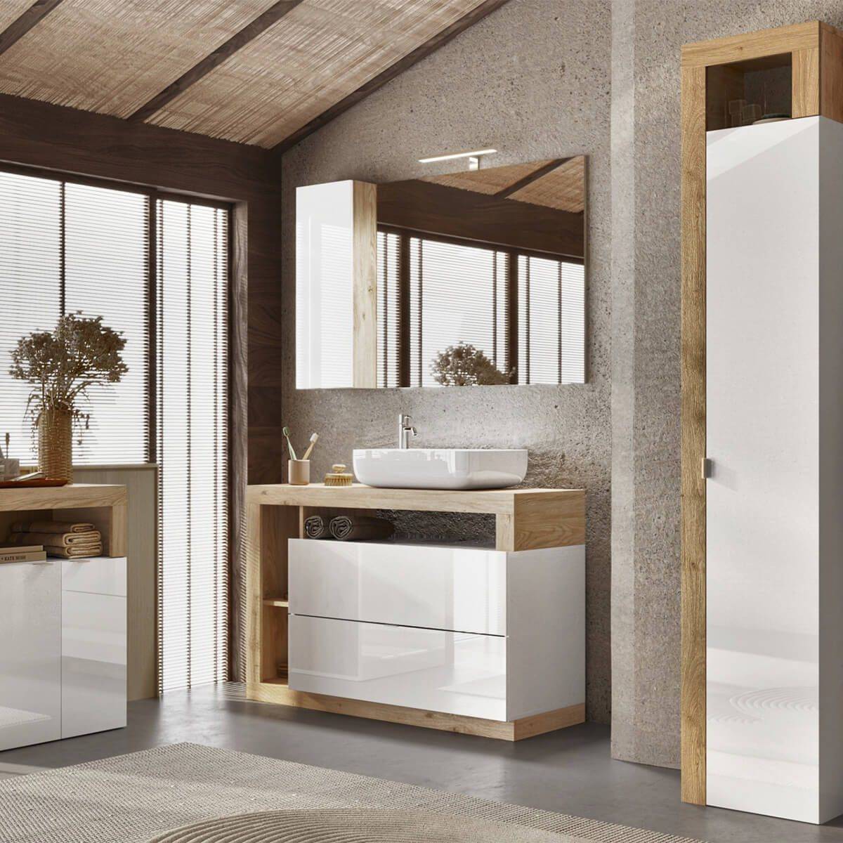 Ensemble meuble vasque 110cm + rangement + armoire 1P blanc et aspect bois Cadiz - ARTURO - Image 1