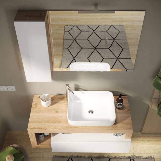Ensemble meuble vasque 110cm + rangement + armoire 1P blanc et aspect bois Cadiz - ARTURO - Image 8