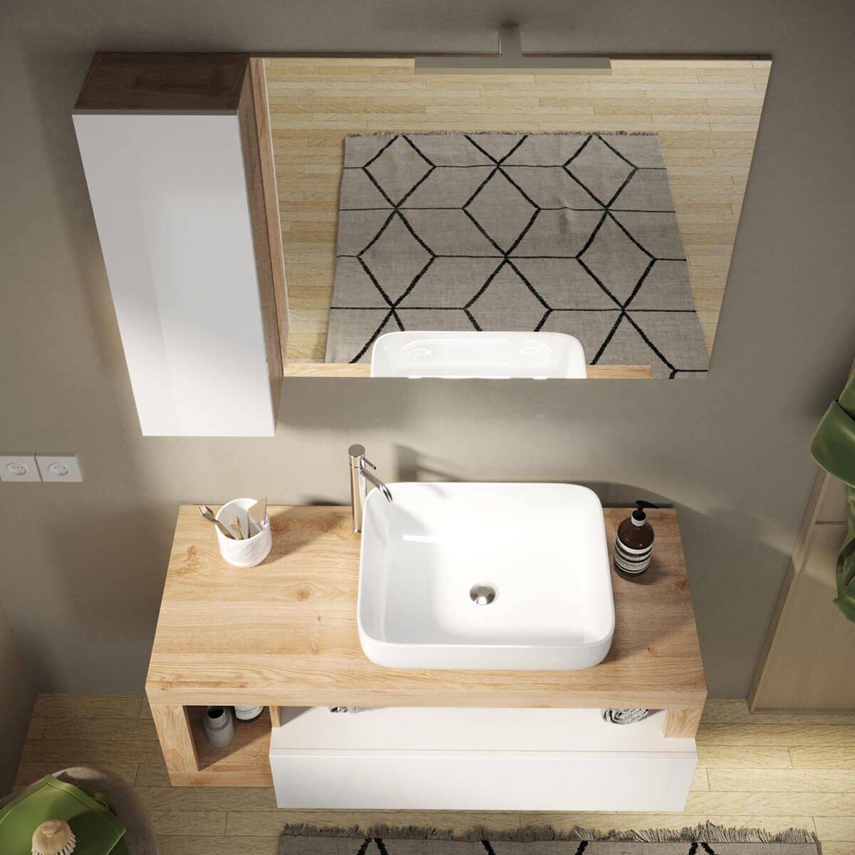 Ensemble meuble vasque 110cm + rangement + armoire 1P blanc et aspect bois Cadiz - ARTURO - Image 8