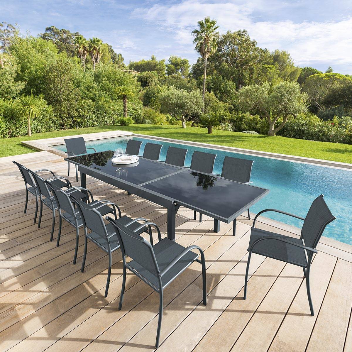 Hesperide - Table de jardin extensible "Piazza" anthracite & graphite 12 places en aluminium traité époxy - Hespéride