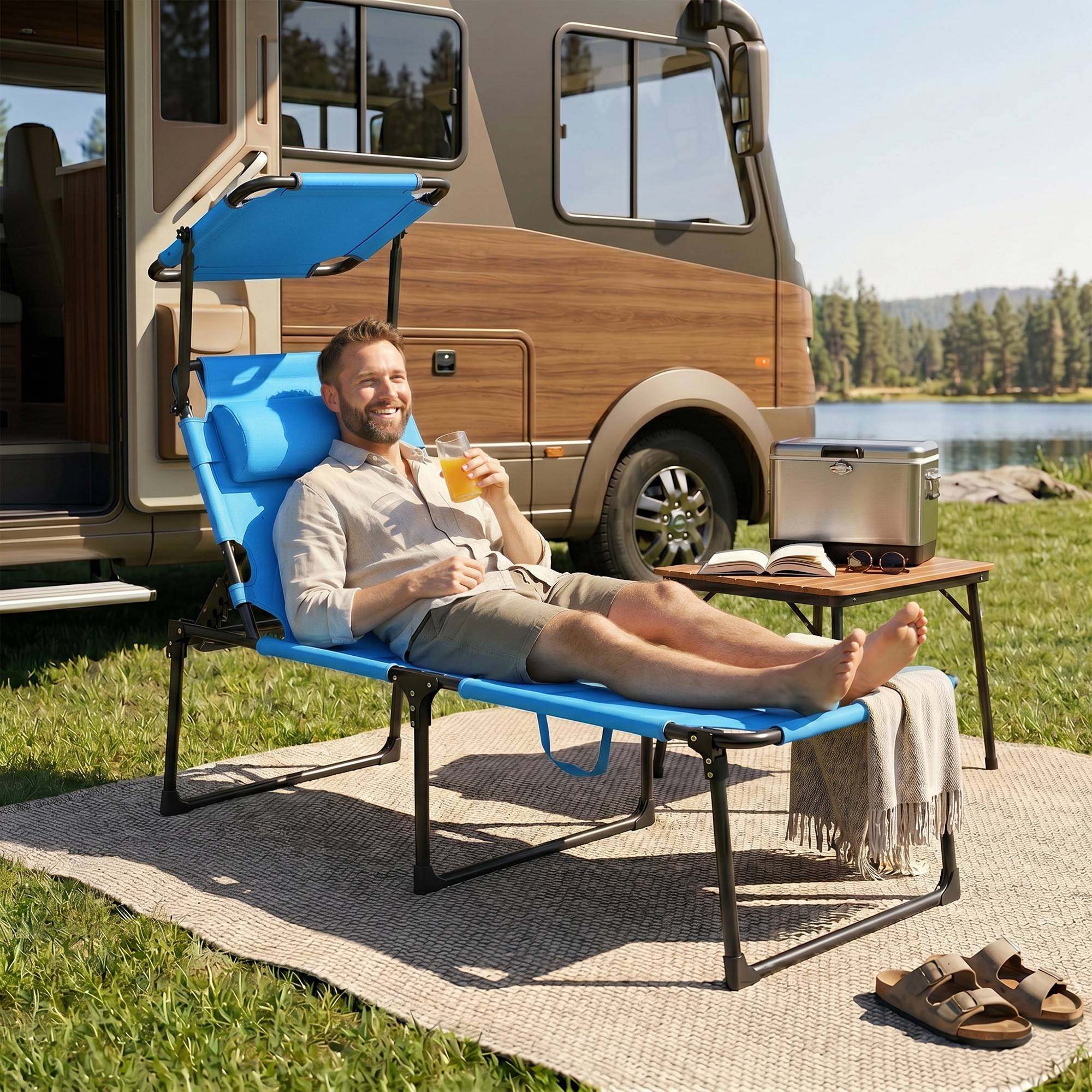 Transat de jardin avec auvent réglable, dossier inclinable sur 4 positions, appui-tête pour terrasse, 70 x 200 x 45 cm, bleu clair - Image 9