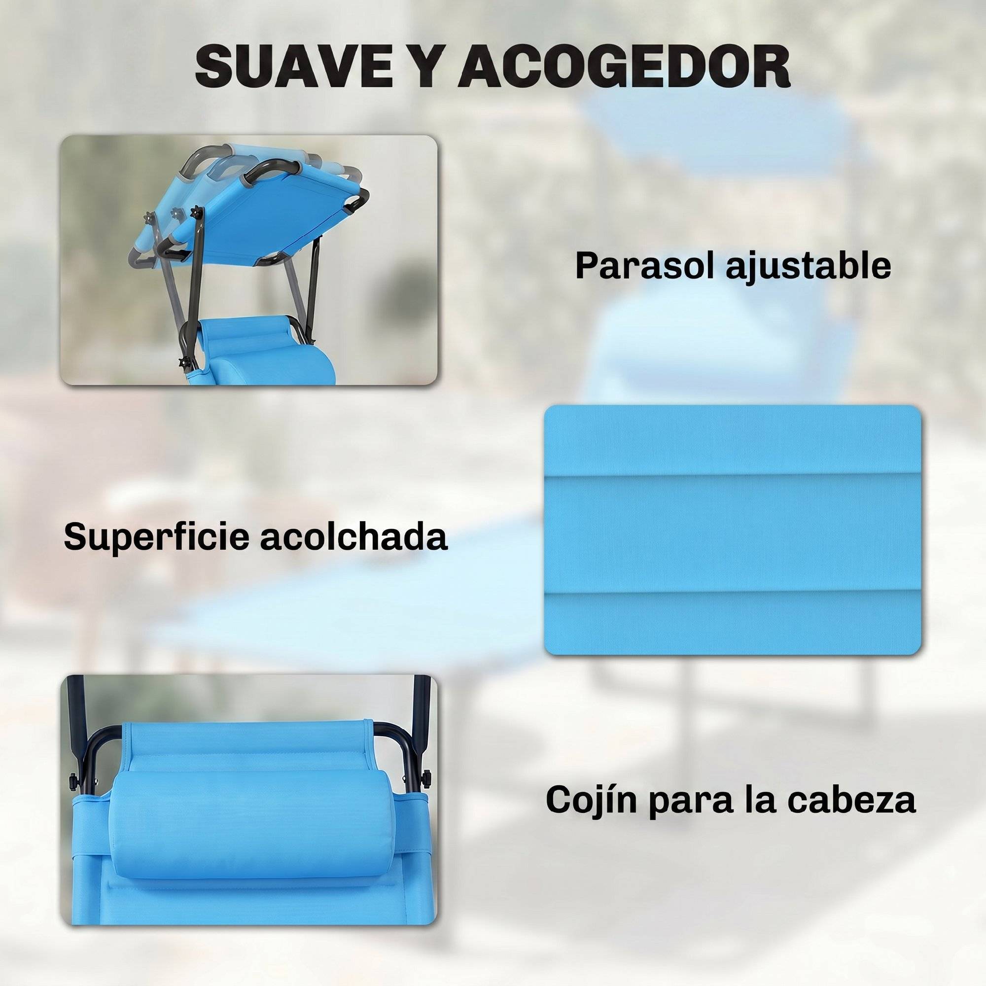Transat de jardin avec auvent réglable, dossier inclinable sur 4 positions, appui-tête pour terrasse, 70 x 200 x 45 cm, bleu clair - Image 8