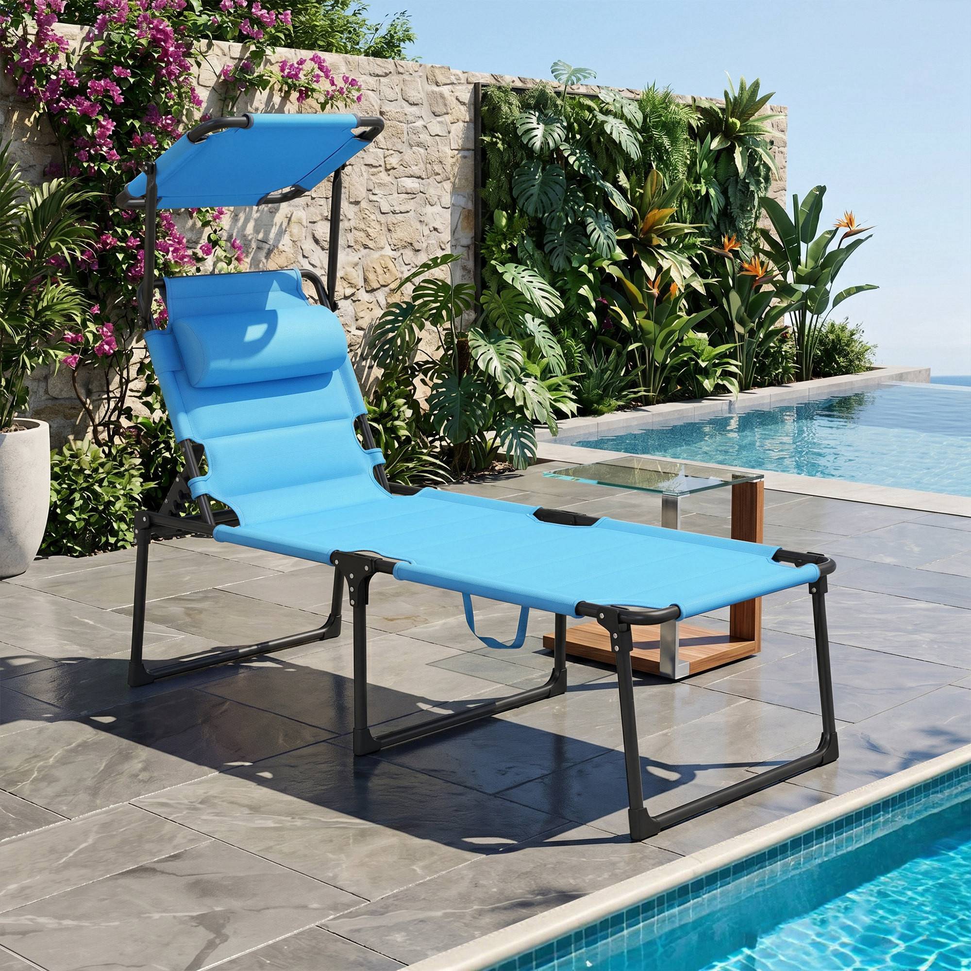 Transat de jardin avec auvent réglable, dossier inclinable sur 4 positions, appui-tête pour terrasse, 70 x 200 x 45 cm, bleu clair - Image 3