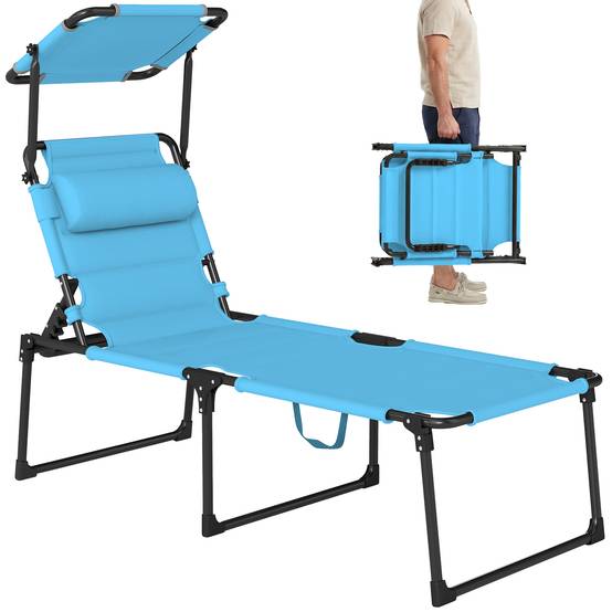 Transat de jardin avec auvent réglable, dossier inclinable sur 4 positions, appui-tête pour terrasse, 70 x 200 x 45 cm, bleu clair - Image 1