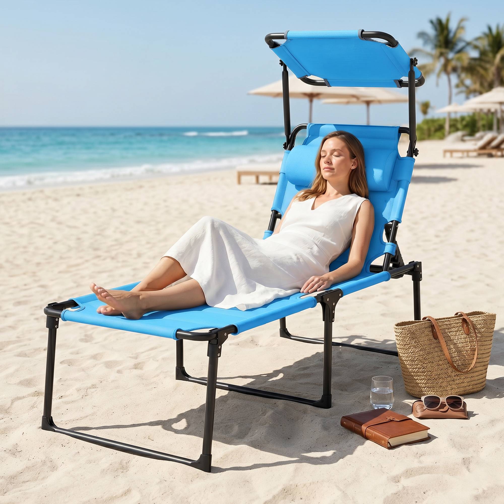 Transat de jardin avec auvent réglable, dossier inclinable sur 4 positions, appui-tête pour terrasse, 70 x 200 x 45 cm, bleu clair - Image 10