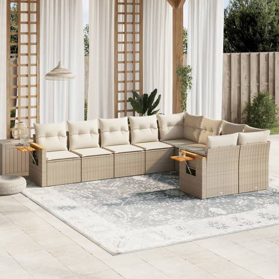 Ensemble de Jardin 9 Éléments Résine Tressée Beige avec Rangement et Coussins Crème – ComfortXL Outdoor Living - Image 1