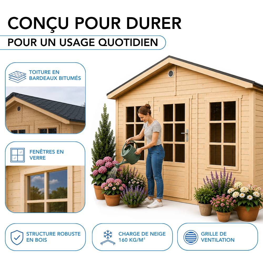 Timbela - Abri de jardin en bois - 13,24 m² - 394x382xH267 cm - sans plancher avec bardeaux bitumineux couleur gris - 17 mm d’épaisseur - Timbela M735 - Image 8