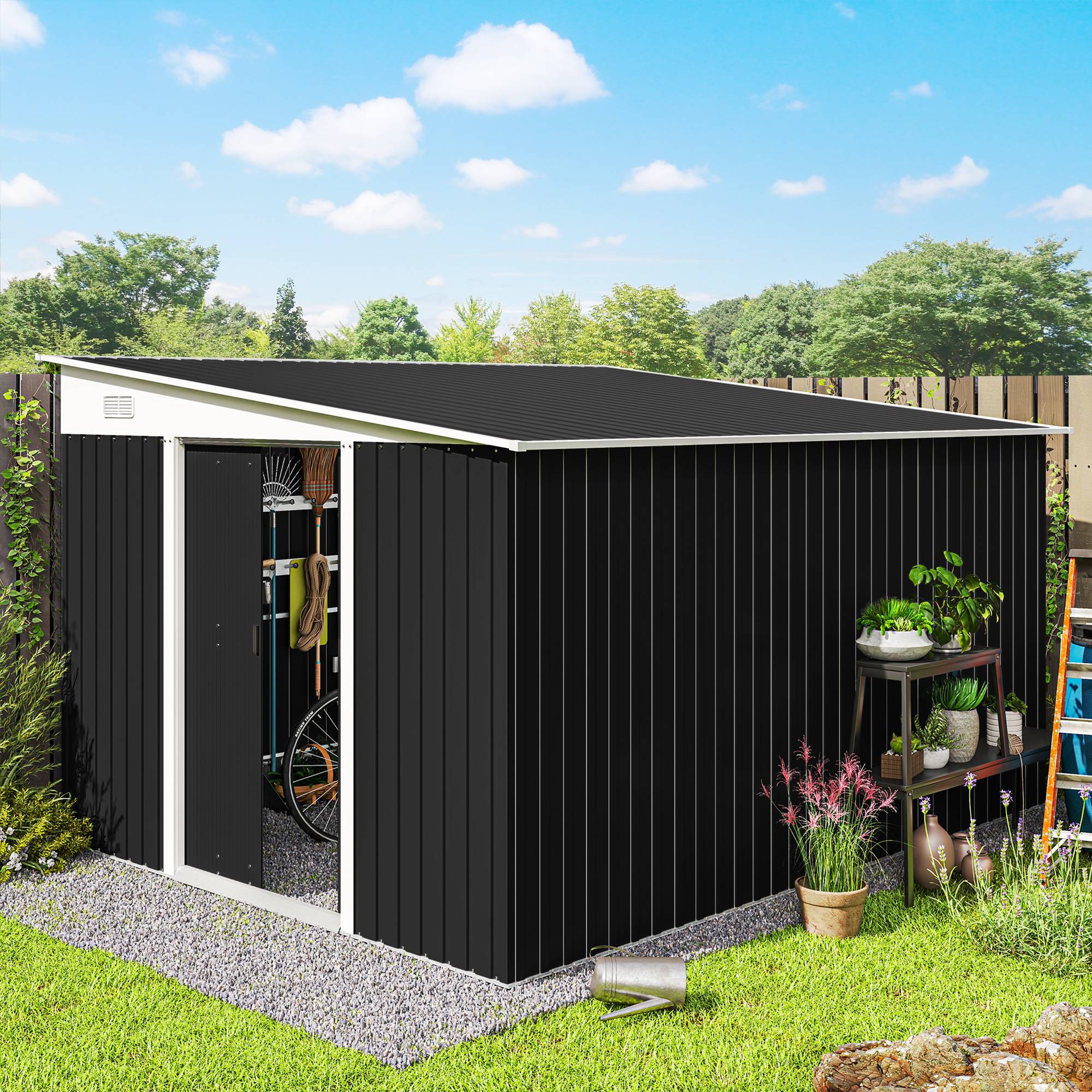 Abri de jardin avec porte coulissante, acier, 345 x 280,5 x 169-201 cm, noir - Image 4