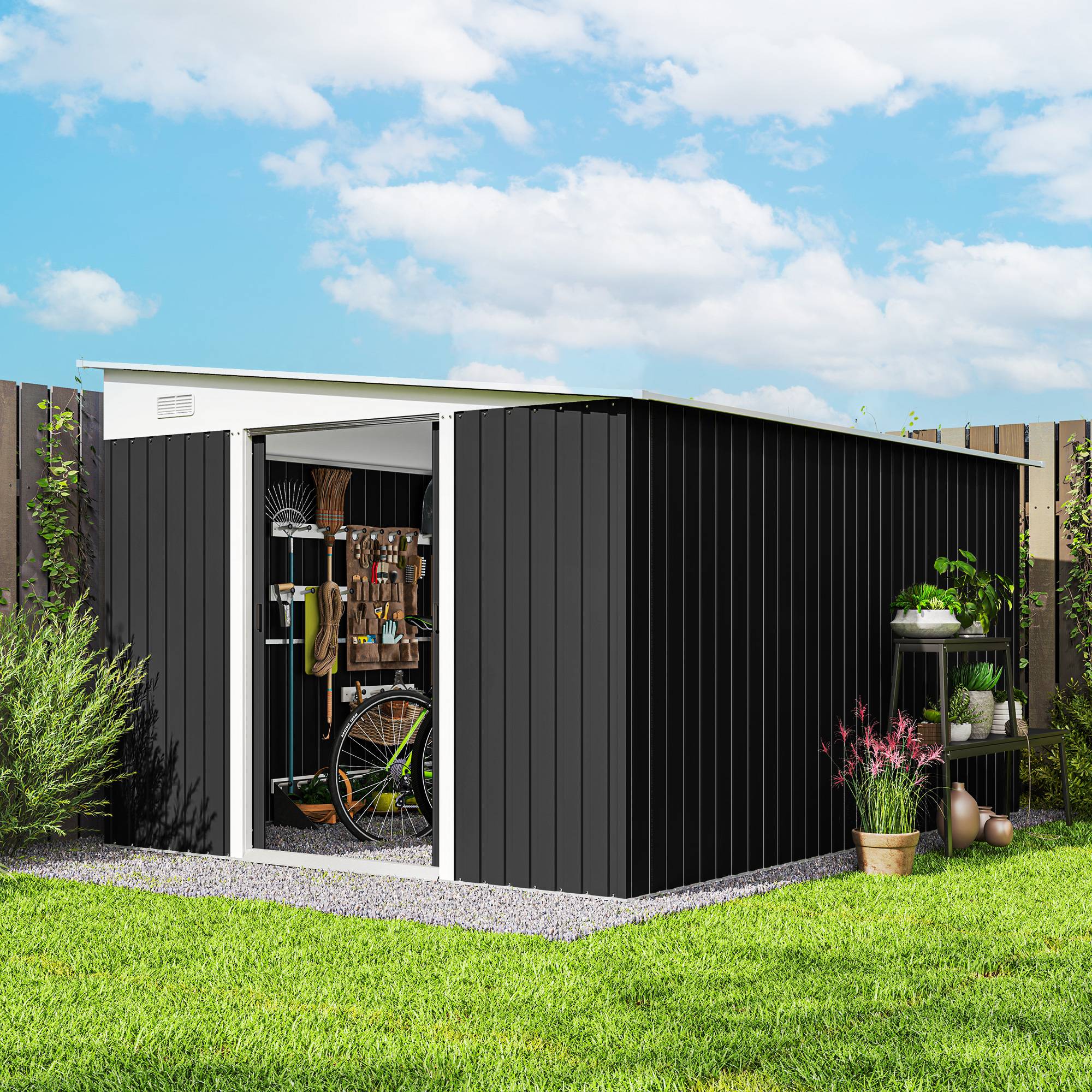 Abri de jardin avec porte coulissante, acier, 345 x 280,5 x 169-201 cm, noir - Image 3