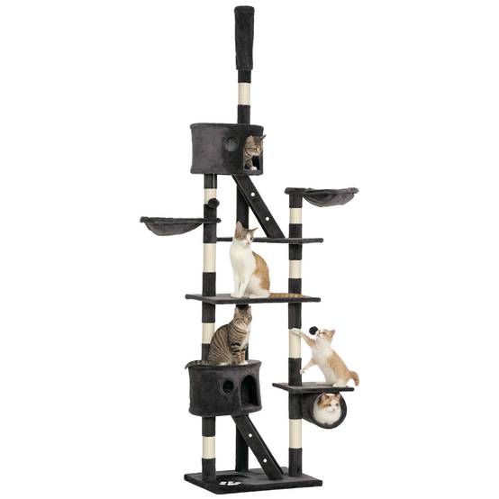 Grand Arbre à Chat Sol-Plafond XXL Réglable avec Niches Paniers et Rampes 240-260 cm Gris - ComfortXL Outdoor Living - Image 1