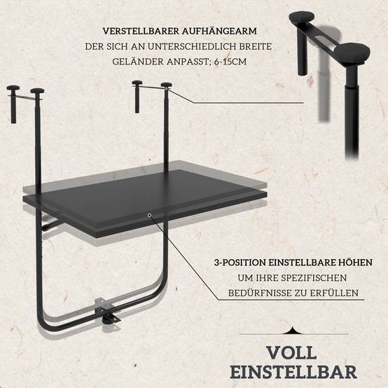 ComfortXL - Table de balcon suspendue métal 62 x 60 cm noire pliable réglable charge 15 kg - ComfortXL Outdoor Living - Image 4
