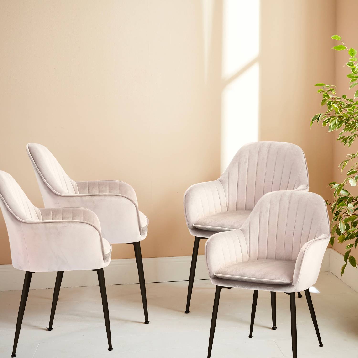 sweeek - Lot de 4 fauteuils en velours blanc cassé et pieds en métal noir. Shella L 57 x P 59 x H 84.5 | sweeek - Image 1