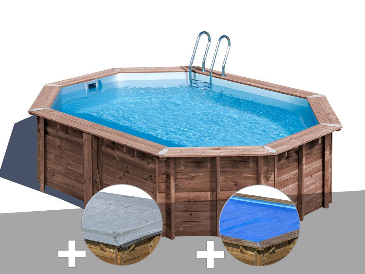 Gré - Kit piscine bois Gré Bambu 5,35 x 3,35 x 1,36 m + Bâche hiver + Bâche à bulles