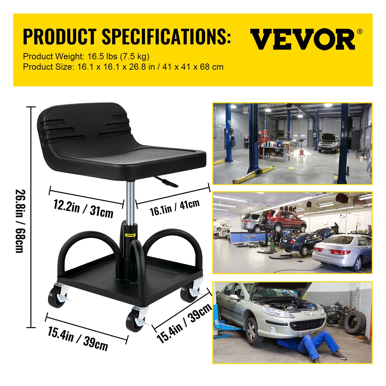VEVOR Tabouret atelier mobile, charge 135kg, hauteur réglable, plateau. - Image 7