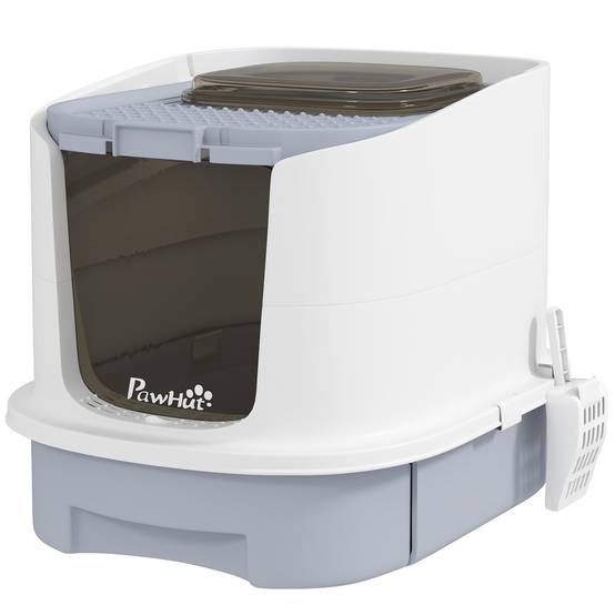 Bac à litière fermé pour chat avec entrée frontale, sortie supérieure, plateau et pelle amovibles, 40,5 x 52,5 x 42,5 cm, blanc et gris - Image 2