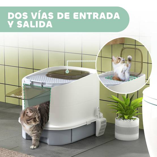 Bac à litière fermé pour chat avec entrée frontale, sortie supérieure, plateau et pelle amovibles, 40,5 x 52,5 x 42,5 cm, blanc et gris - Image 8