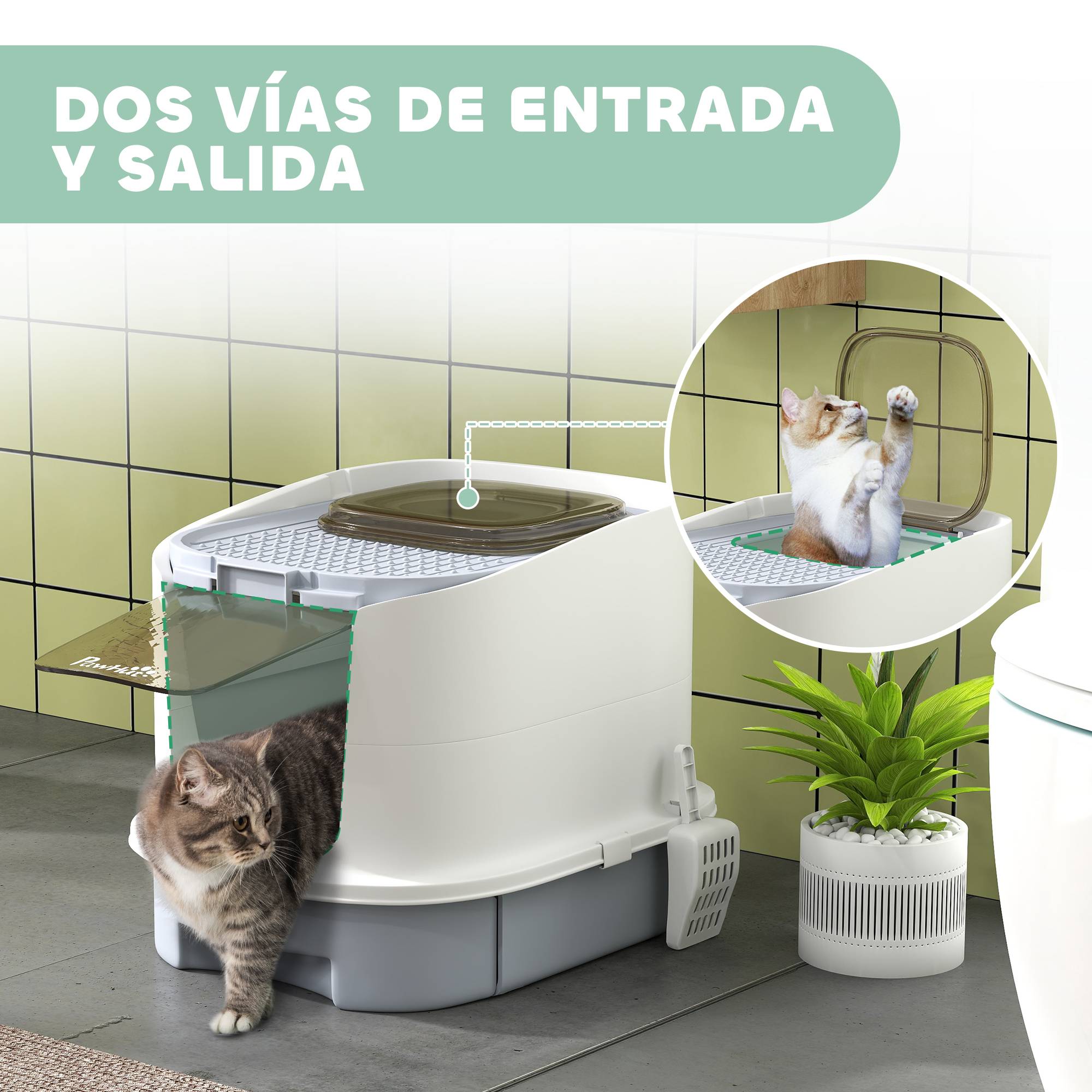 Bac à litière fermé pour chat avec entrée frontale, sortie supérieure, plateau et pelle amovibles, 40,5 x 52,5 x 42,5 cm, blanc et gris - Image 8