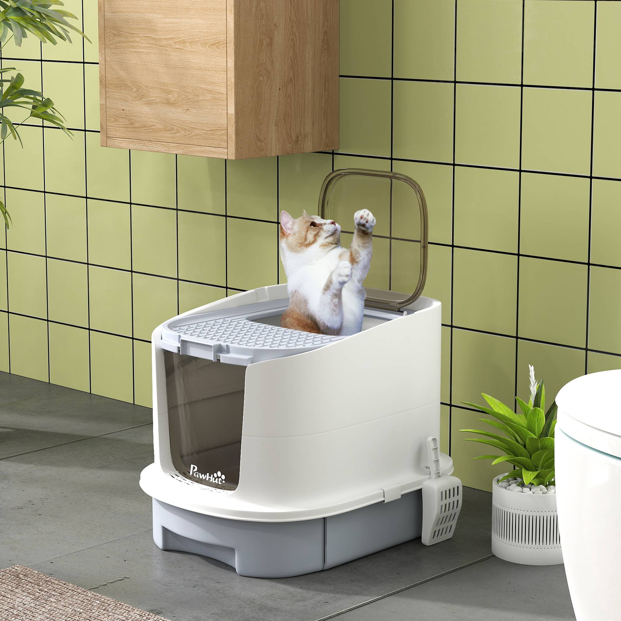 Bac à litière fermé pour chat avec entrée frontale, sortie supérieure, plateau et pelle amovibles, 40,5 x 52,5 x 42,5 cm, blanc et gris - Image 4
