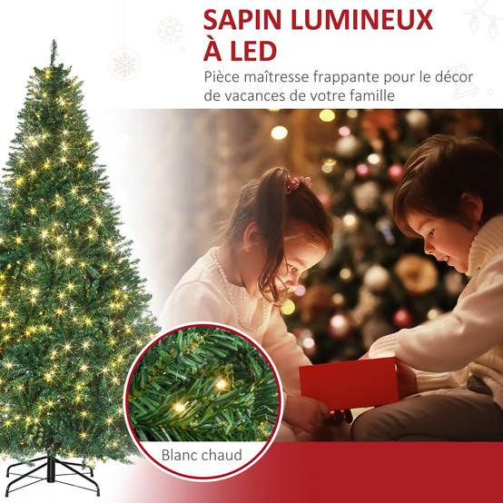 Sapin de Noël Artificiel Lumineux 210H cm LED x 700 Blanc Chaud + Support Pied 2154 Branches Vert - Image 7