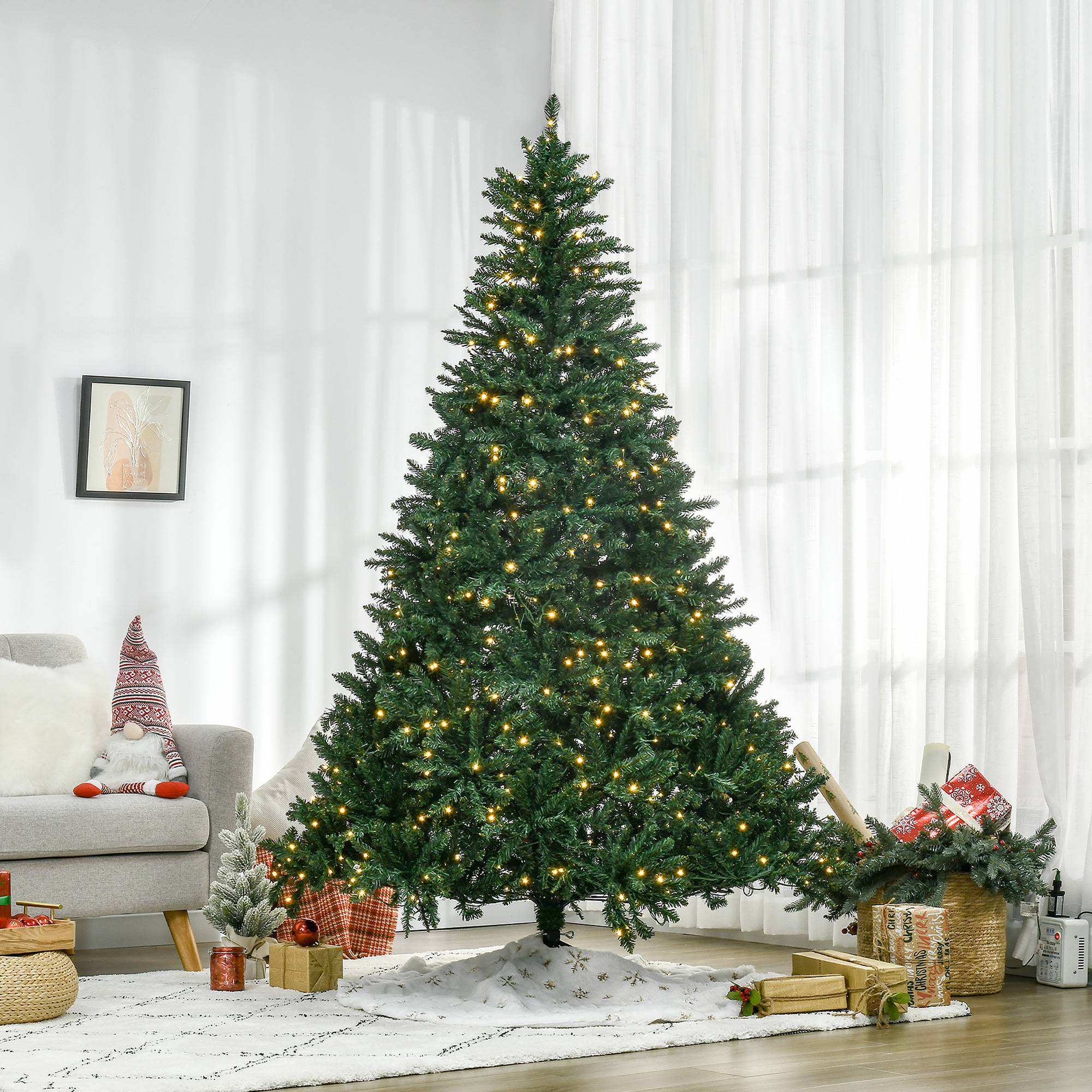Sapin de Noël Artificiel Lumineux 210H cm LED x 700 Blanc Chaud + Support Pied 2154 Branches Vert - Image 3