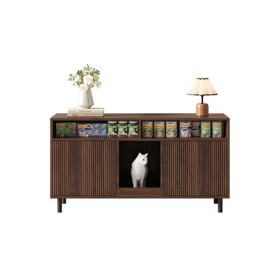 Armoire pour bac à litière MDF Noyer 120 x 50 x 66 cm avec Tapis de collecte - PANGIVO - Image 9