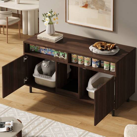Armoire pour bac à litière MDF Noyer 120 x 50 x 66 cm avec Tapis de collecte - PANGIVO - Image 3