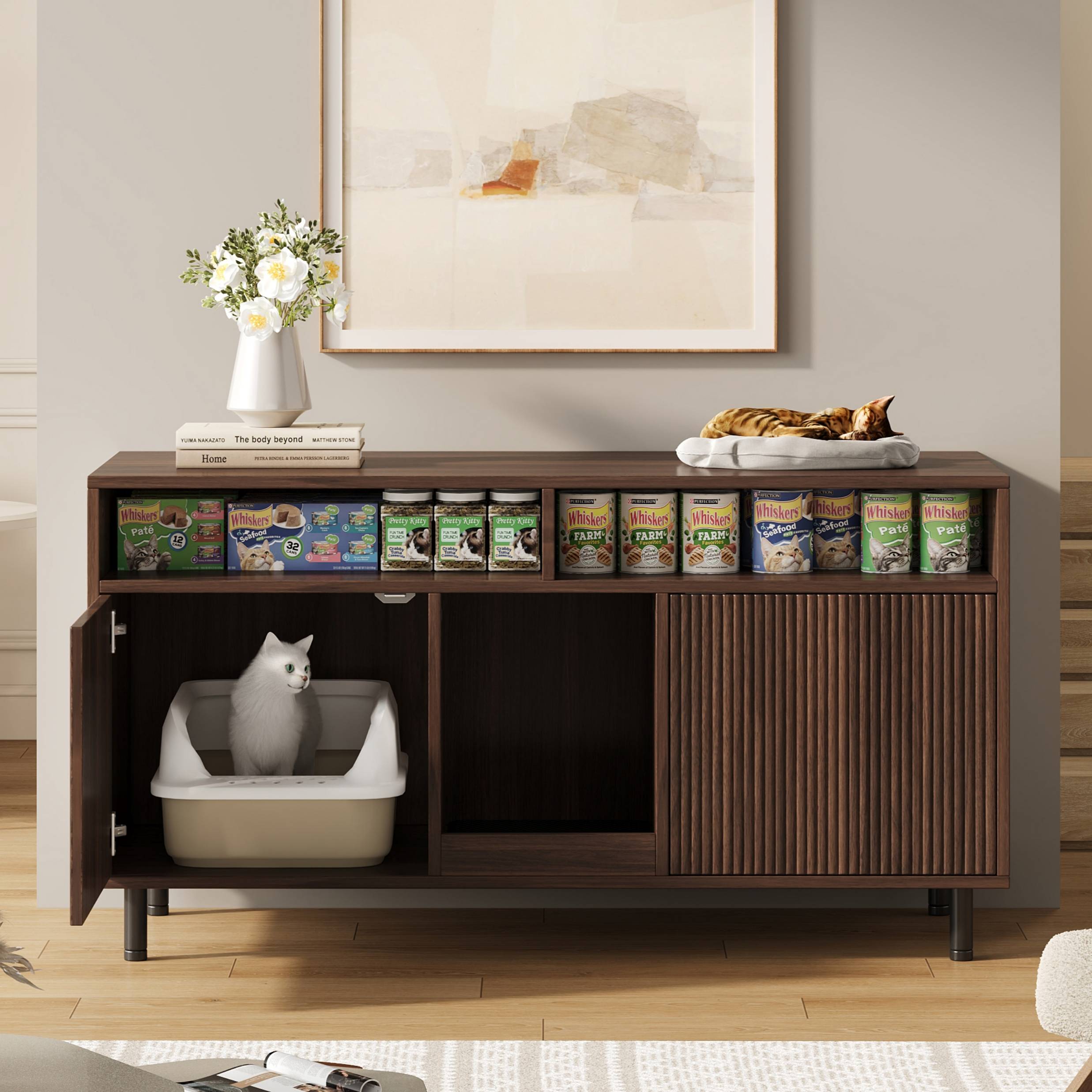 Armoire pour bac à litière MDF Noyer 120 x 50 x 66 cm avec Tapis de collecte - PANGIVO - Image 1