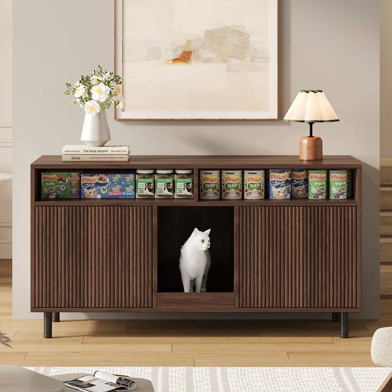 Armoire pour bac à litière MDF Noyer 120 x 50 x 66 cm avec Tapis de collecte - PANGIVO - Image 4