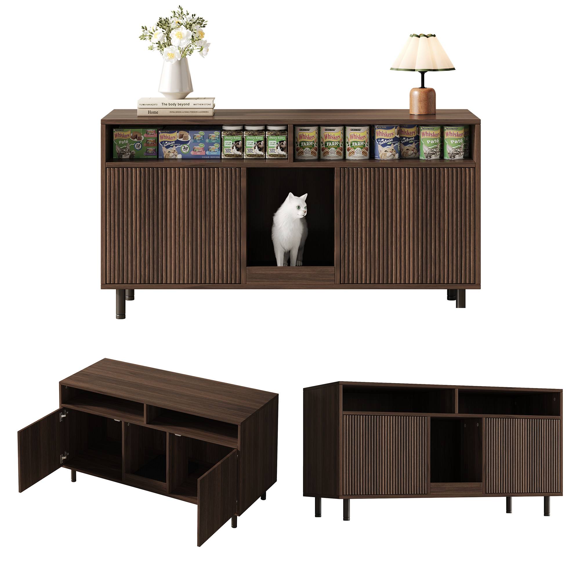 Armoire pour bac à litière MDF Noyer 120 x 50 x 66 cm avec Tapis de collecte - PANGIVO - Image 5