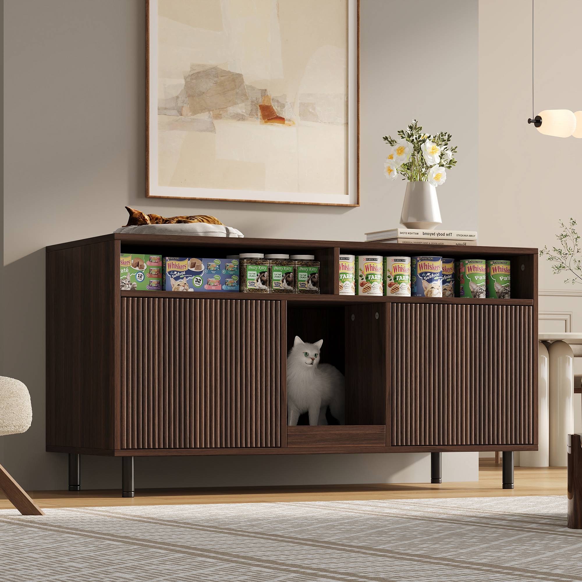 Armoire pour bac à litière MDF Noyer 120 x 50 x 66 cm avec Tapis de collecte - PANGIVO - Image 2