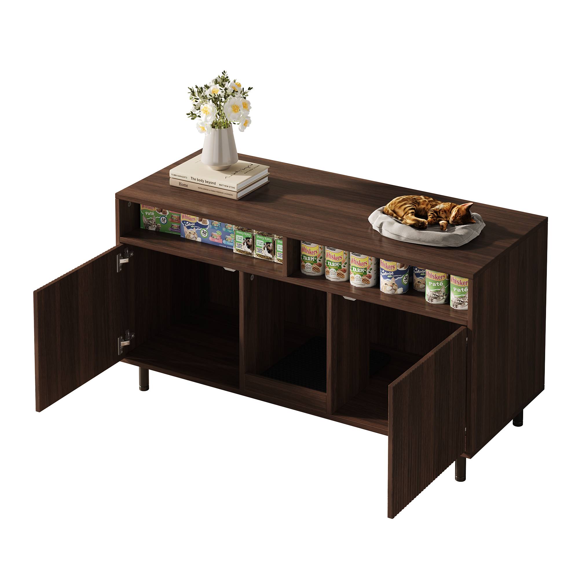 Armoire pour bac à litière MDF Noyer 120 x 50 x 66 cm avec Tapis de collecte - PANGIVO - Image 8